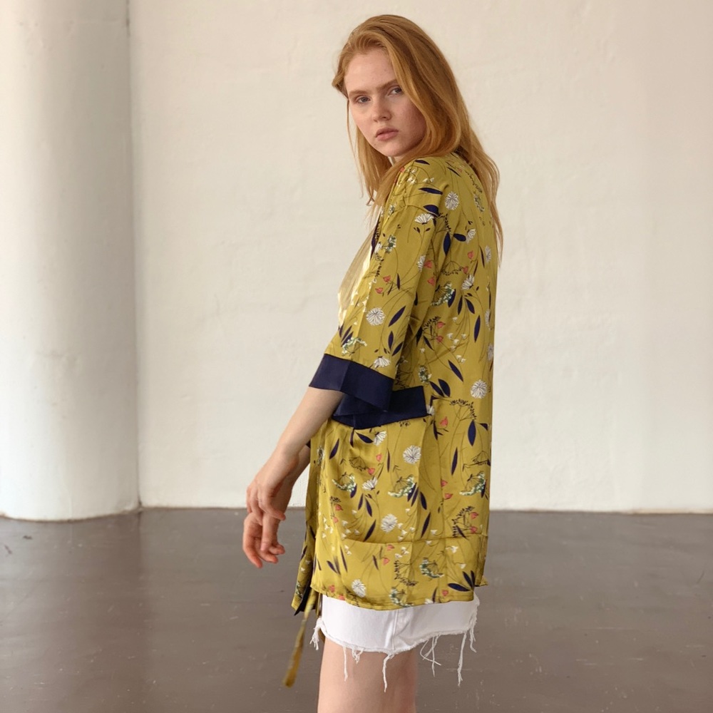Mustard Gold and Navy Silky Kimono